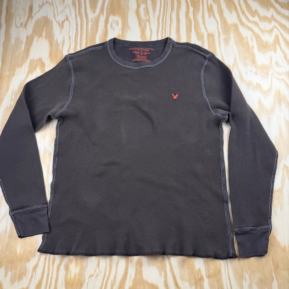 American Eagle Mens Large Gray Waffle Knit Thermal Long Sleeve Shirt Cotton